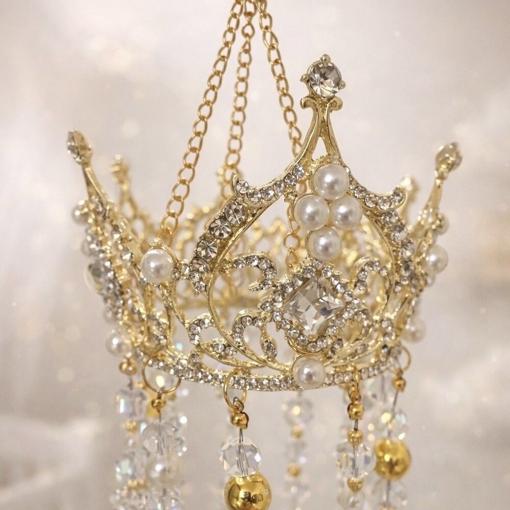 Crown Princess Crystal Suncatcher Gold Pearl Rhinestone 19 Handmade - Picture 2 of 5